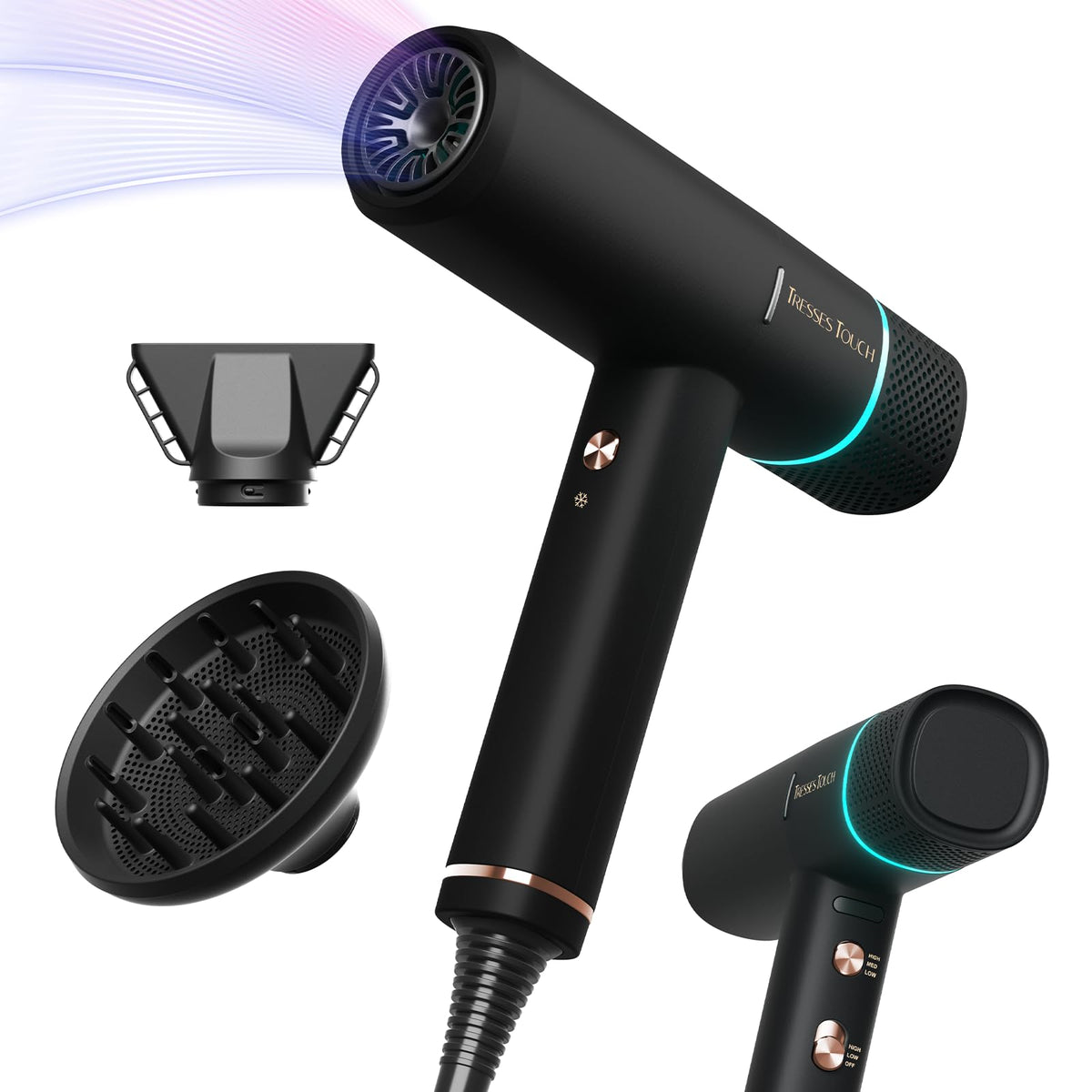 Hair Dryer with Diffuser Blow Dryer, 150000 RPM Professional High-Speed Ionic BlowDryer, Powerful 1600 Watt Motor for Fast Drying and Straight & Wavy Hair, Low Noise, Lightweight for Home Salon