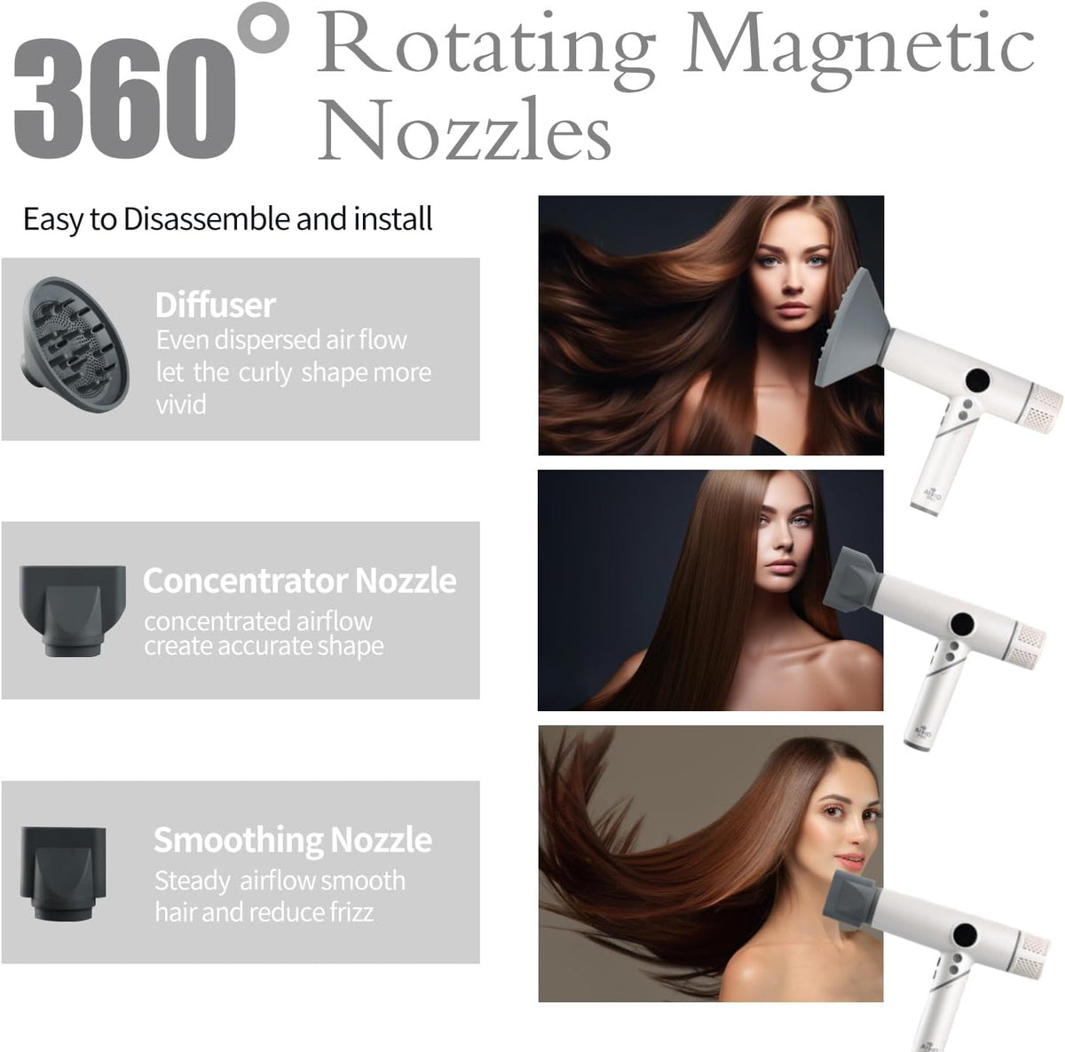AIKO PRO Salon Ionic Hair Dryer, 1800W High-Speed Foldable Travel Blow Dryer, Brushless Motor for Fast Drying & Frizz Control, 3 Temps & 3 Speeds, Lightweight, Portable & Quiet with 3 Magnetic Nozzles