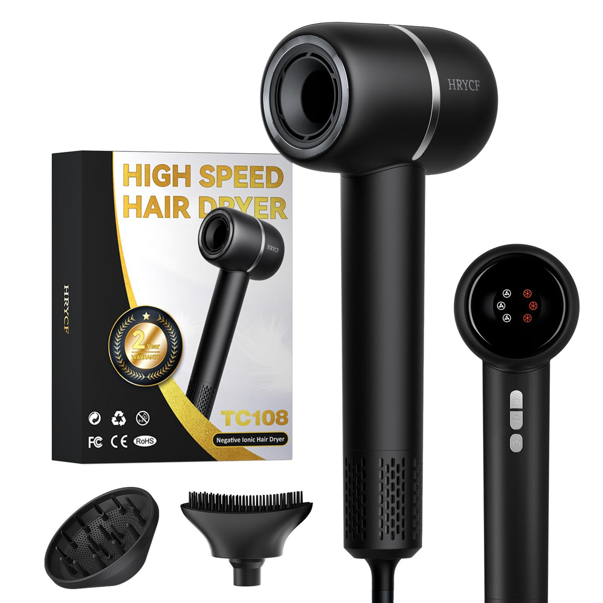 Professional Ionic Hair Dryer 160000RPM – High-Speed Brushless Blow Dryer with Smoothing Brush & Diffuser, Negative Ion Hair Care, Fast Drying, Thermo-Control, Low Noise, Lightweight, Portable, Black