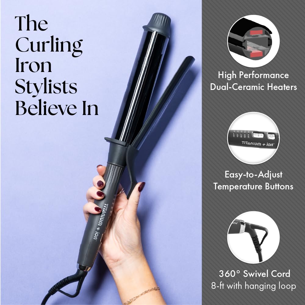 Olivia Garden Titanium + Ion High Performance Professional Curling Iron - Dual Voltage, Snag-Free Styling - Fast Heat Up to 455°F with Heat Resistant Heat Mat/Pouch