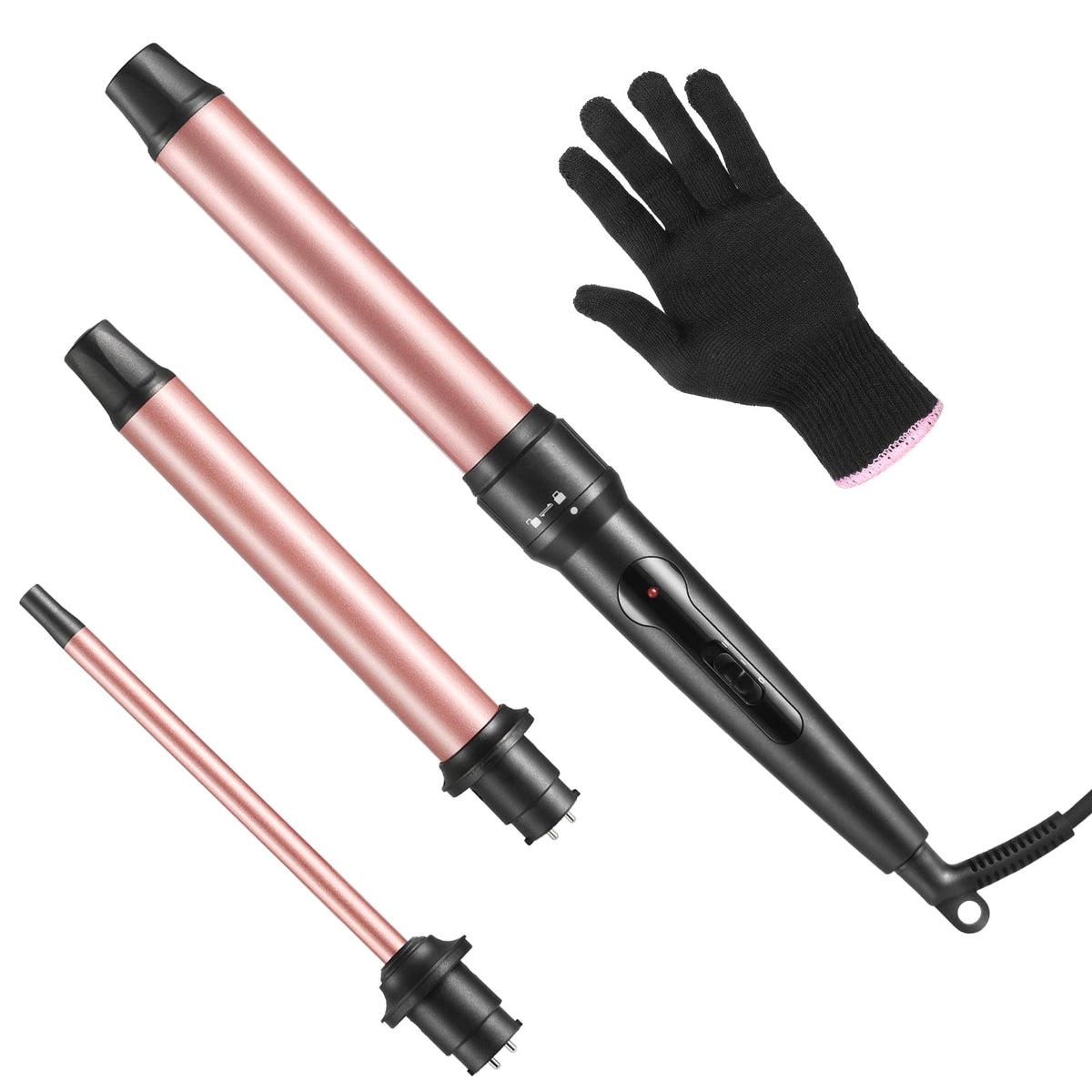 Curling Iron Wand, 3 in 1 Curling Wand Set with Ceramic Barrel for Long/Medium Hair, 0.35"-1.25" Interchangeable Hair Curler Wand, Dual Voltage, Includes Glove & Clips