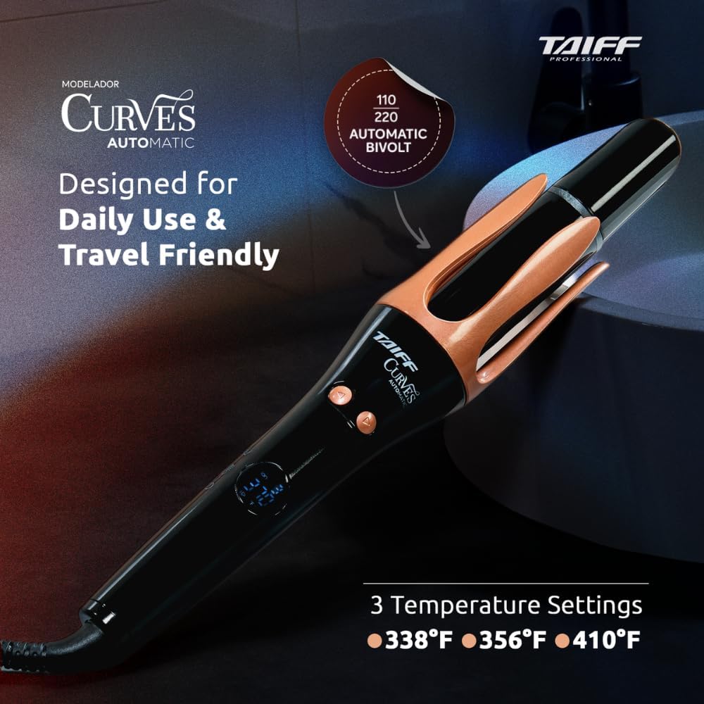 Taiff Automatic Curling Iron | 1¼" Rotating Barrel with Ion Technology | PTC Fast Heating | 3 Heat Settings 340°F–410°F | Dual Voltage Hair Curler for Smooth Frizz Free Long Lasting Curls