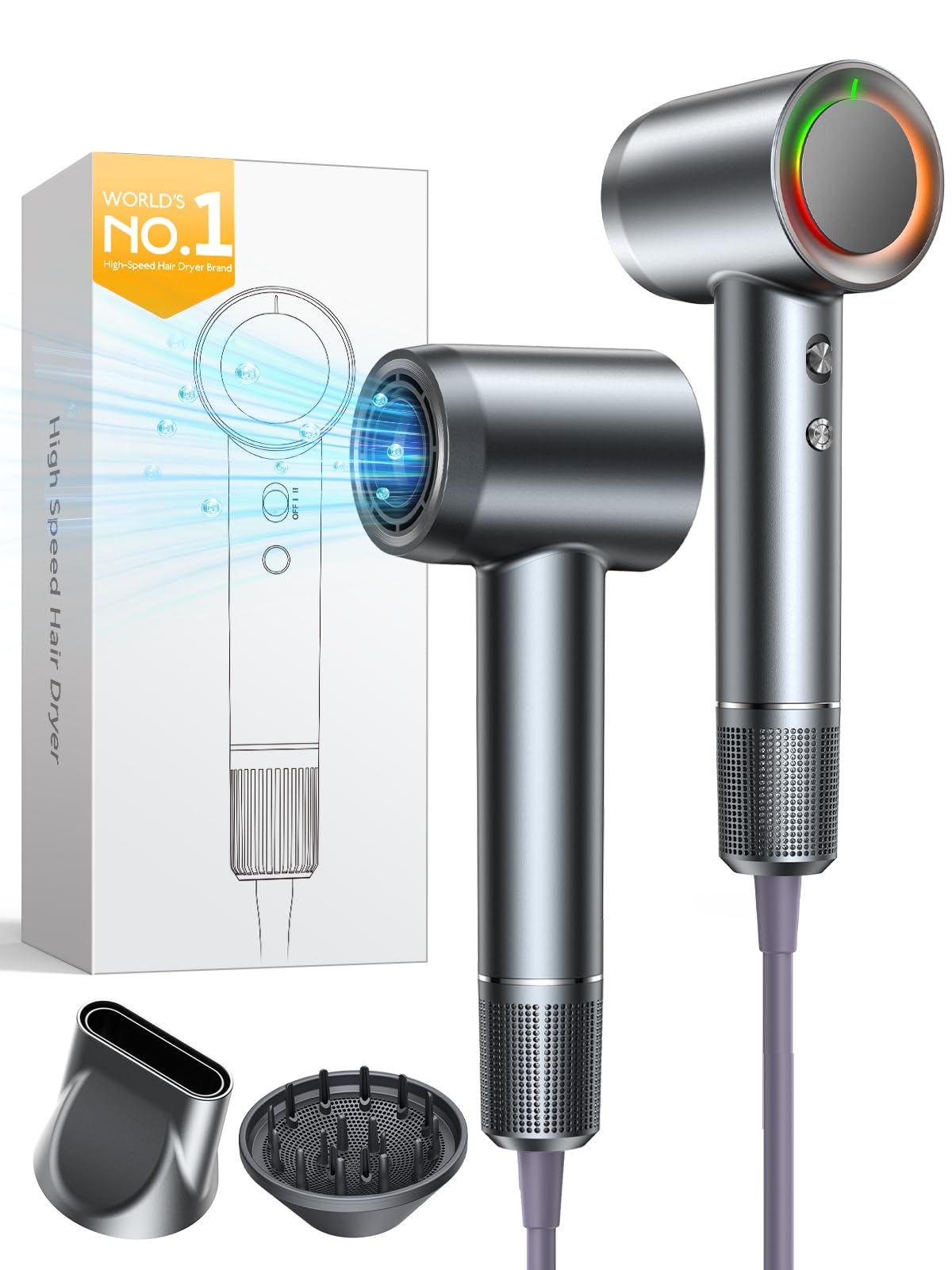 Hair Dryer, 160000 RPM High-Speed Professional Blow Dryer for Fast Drying, 500M Negative Ionic Care Hair Dryer for, Low Noise Thermo-Control Travel Hairdryer with Diffuser & Nozzle,Luxury Packaging