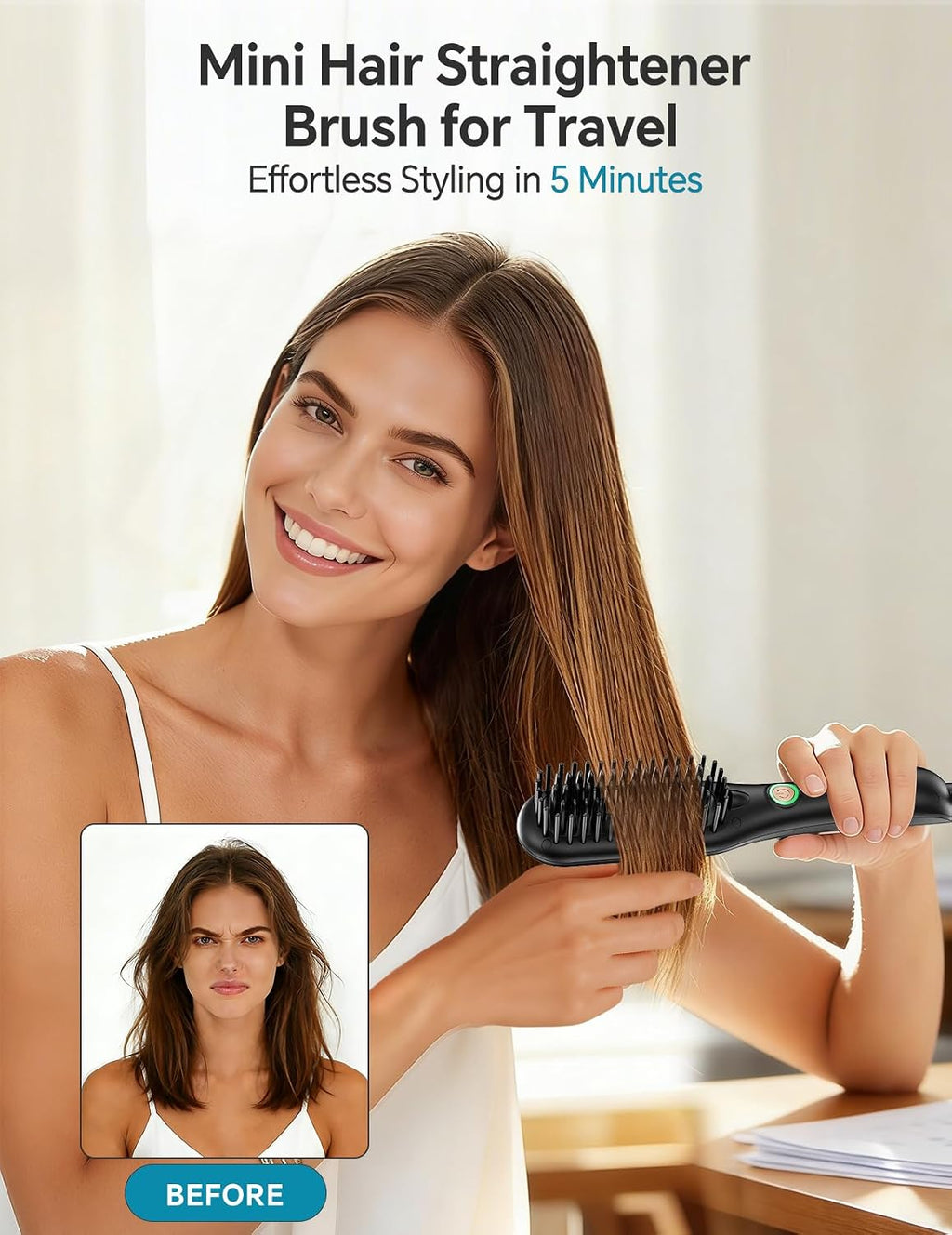 LANDOT Mini Hair Straightener Brush - Ionic Ceramic Travel Hot Comb