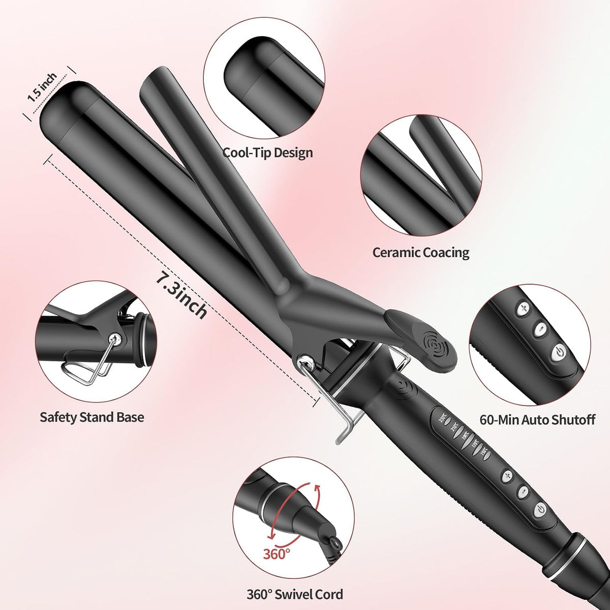 SAOSA 1 1/2 Inch Curling Iron, Tourmaline Ceramic Extra Long Barrel Curling Iron 1.5 Inch with Auto Shut-Off, Dual Voltage 110-240V Hair Curler Suitable for Travel, Including Glove