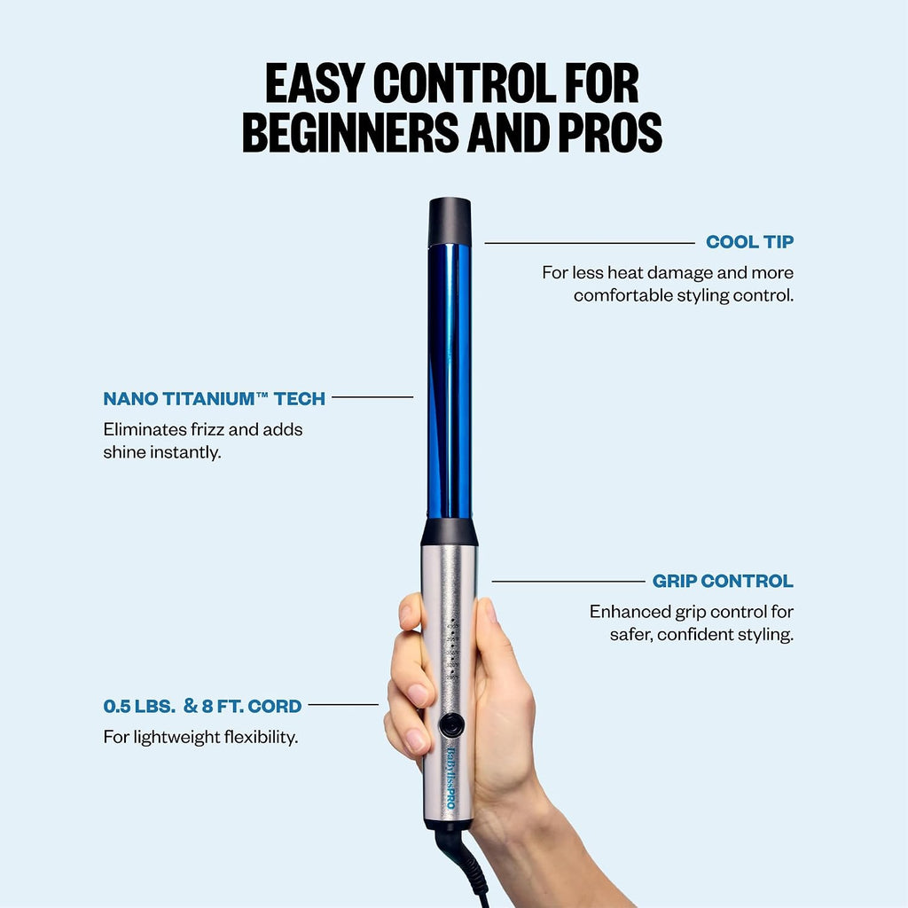 BabylissPRO Nano Titanium Professional Curling Wand For All Hair Types, Reaches 430 Degrees For Long Lasting Curls