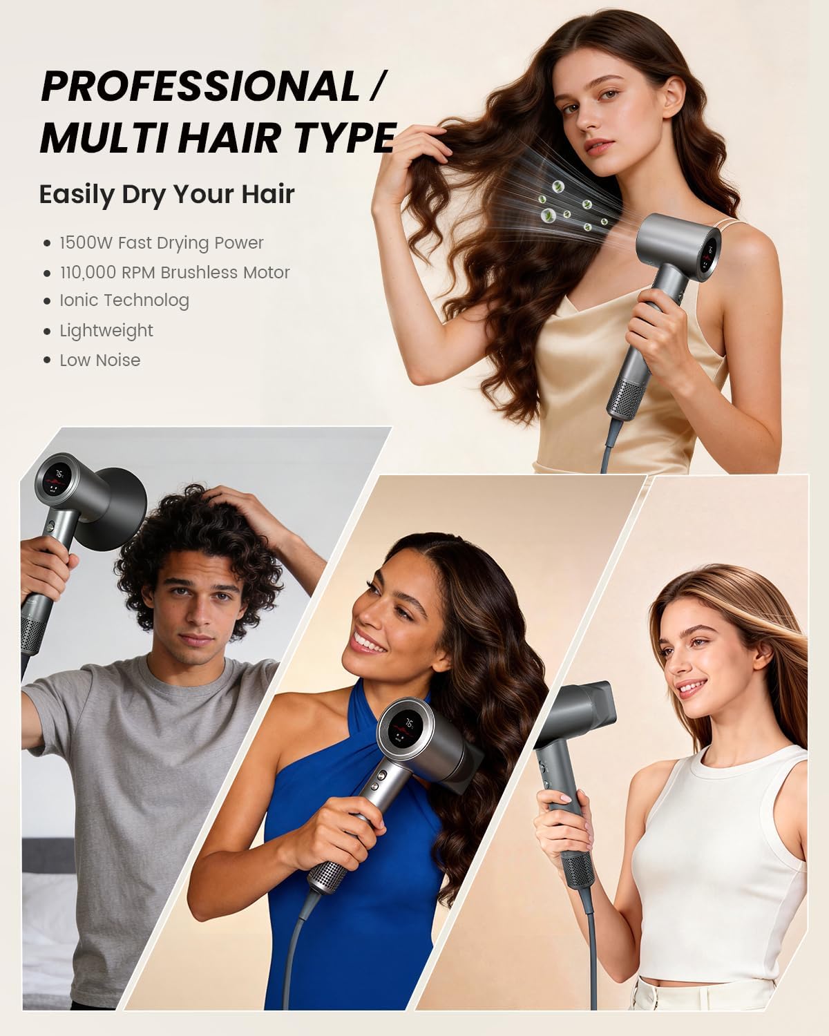High Speed Hair Dryer, 110,000 RPM Brushless Motor, Fast Drying Ionic Blow Dryer, 200 Million Plasma Ions, Ultra Quiet, Lightweight, Diffuser Included, Frizz Control for Women & Men