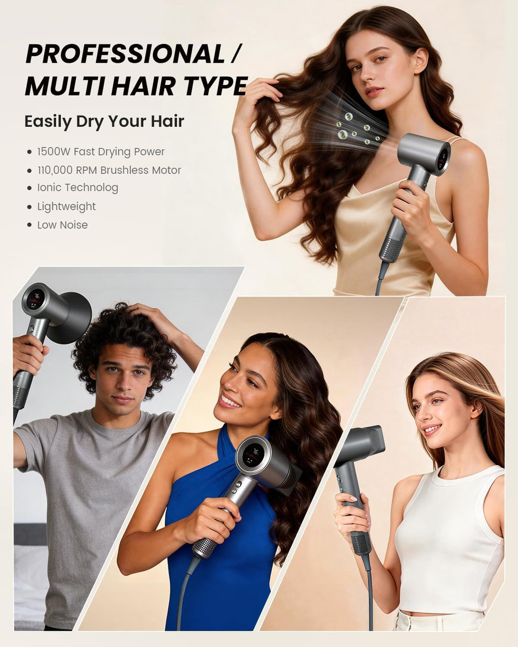 High Speed Hair Dryer, 110,000 RPM Brushless Motor, Fast Drying Ionic Blow Dryer, 200 Million Plasma Ions, Ultra Quiet, Lightweight, Diffuser Included, Frizz Control for Women & Men