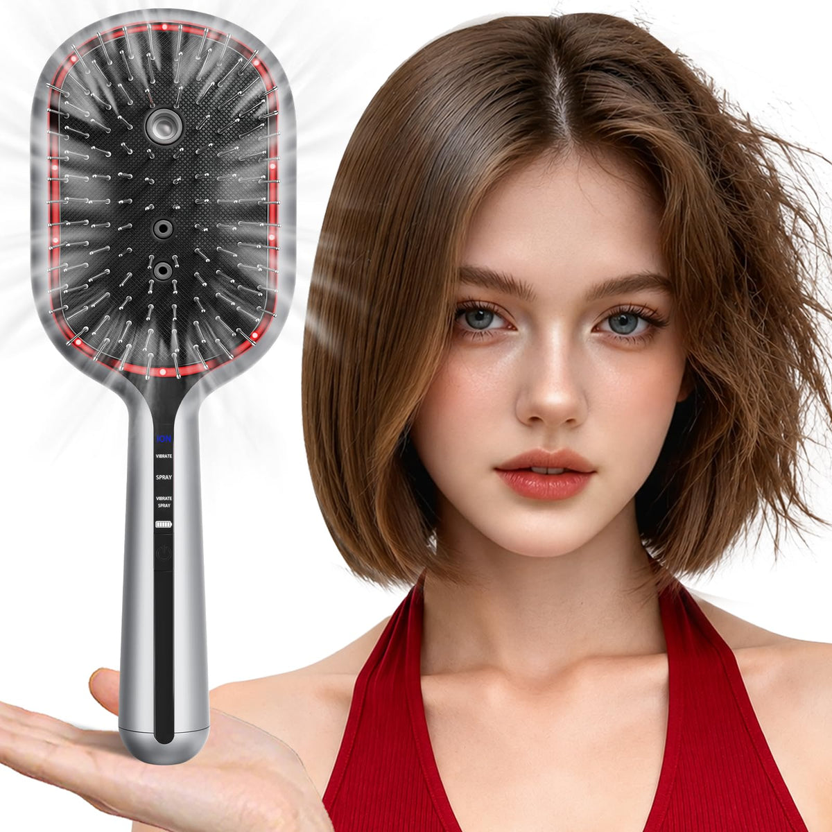 5-in-1 Electric Spray Air Cushion Massage Comb for Women Misting Hair Brush Anti-Tangle Hair Comb for Dry Frizzy Hair, Steam Mist Straightening Comb for Ladies Curly Hair Brush with Water Spray