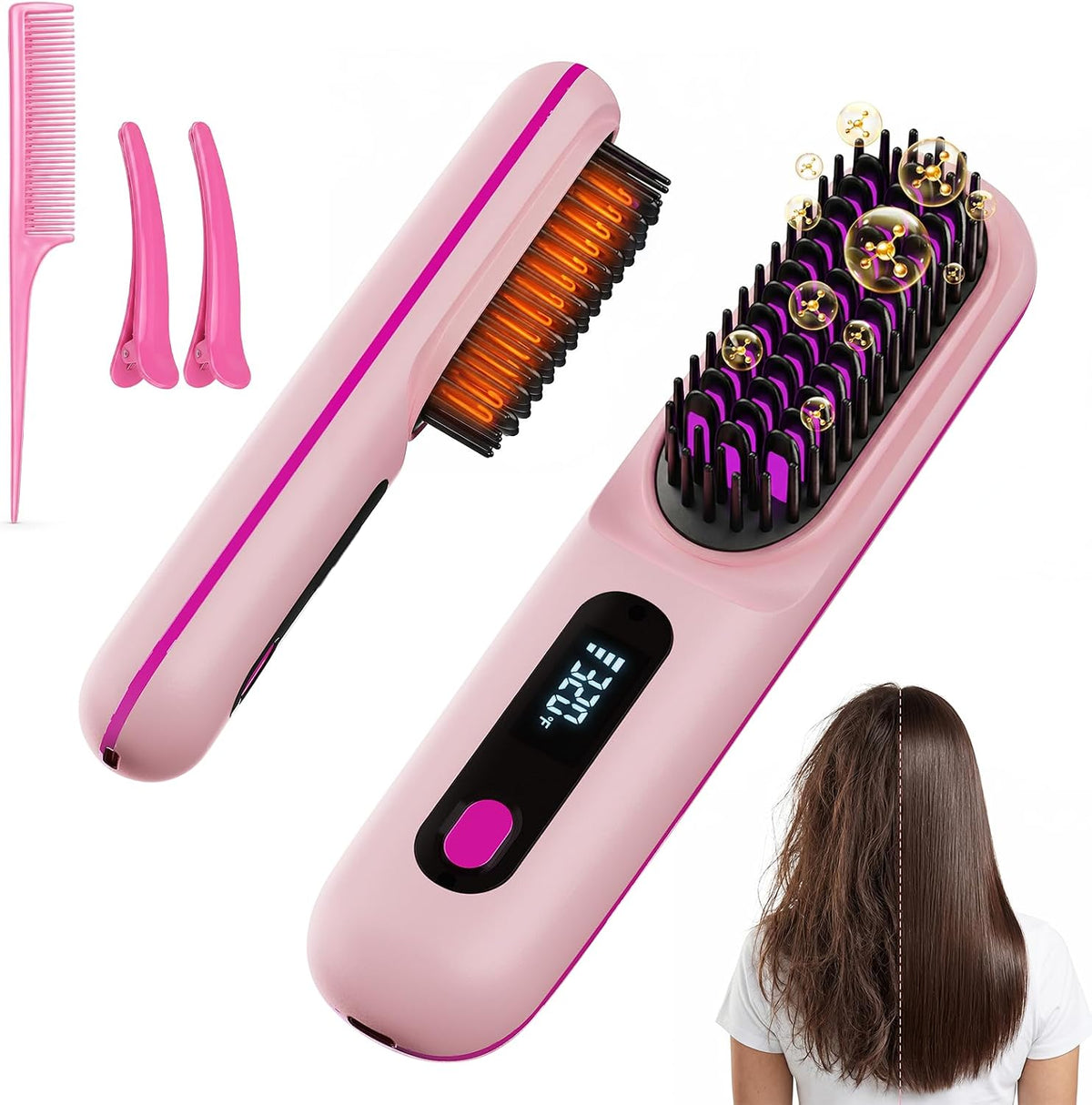 2026 Upgraded Cordless Straightening Brush, Go Brush Pro Hair Straightener Brush, MCH Fast Heating, 3 Temp Settings, 4000mAh Type-C Rechargeable Portable Travel Styling Tool (Pink)
