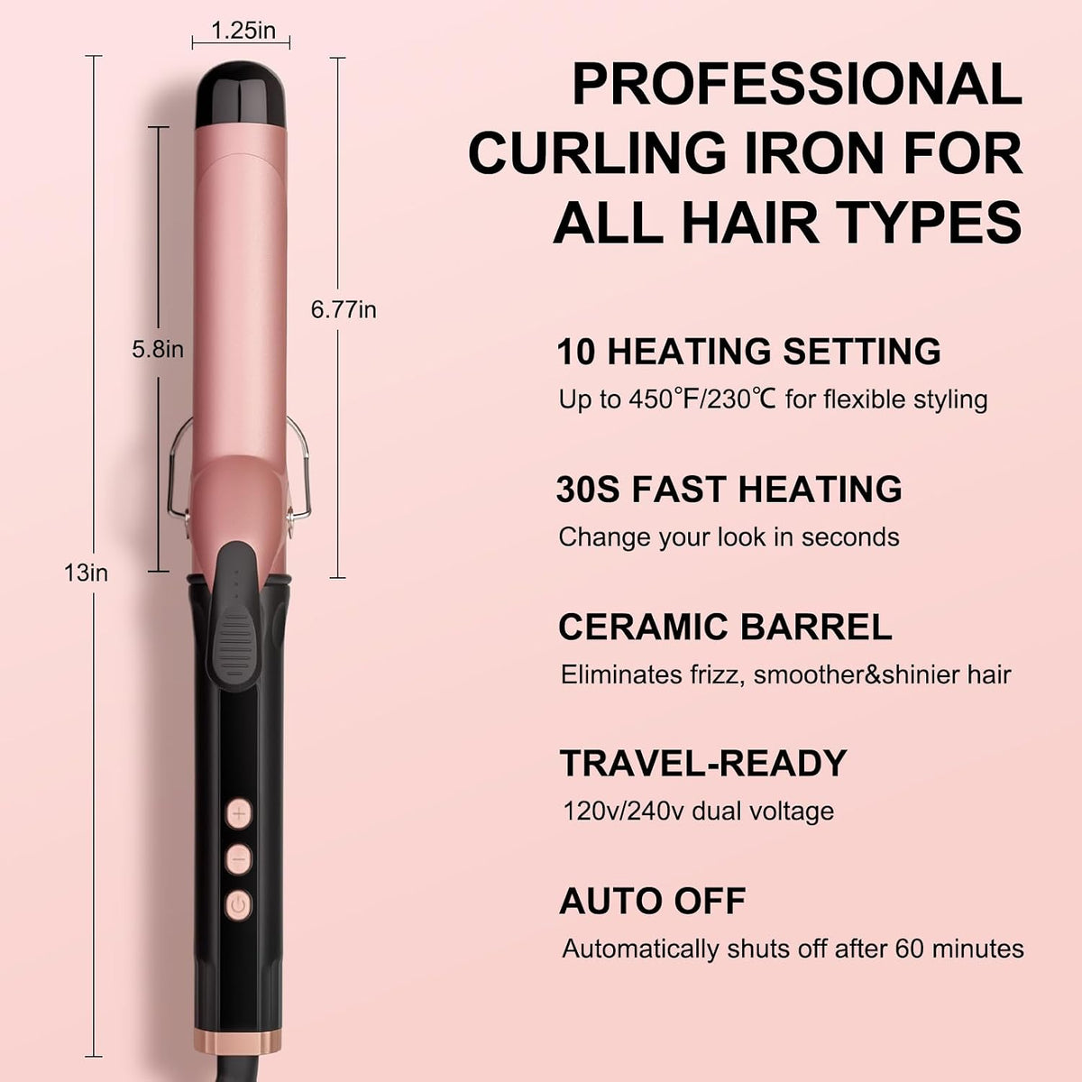 JAETON Hair Curling Iron Wand 1 1/4-Inch for Loose Curls, 190-450℉