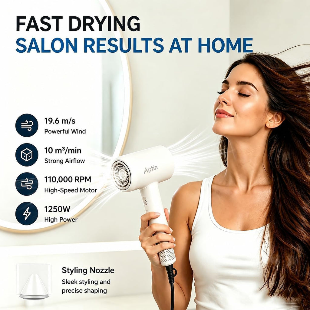 Ionic Hair Dryer 110, 000 RPM High Speed Motor Ultra-Fast Drying, 200 Million Negative Ions for Frizz Reduction, Overheat Protection, Low Noise Magnetic Concentrator, No Heat Damage Lightweight