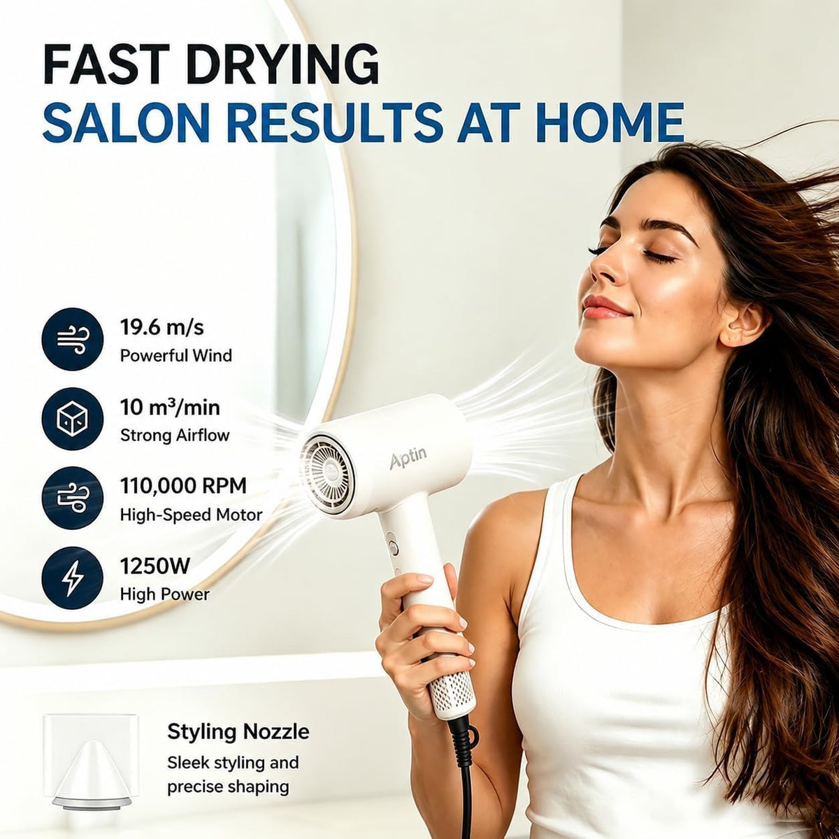Ionic Hair Dryer 110, 000 RPM High Speed Motor Ultra-Fast Drying, 200 Million Negative Ions for Frizz Reduction, Overheat Protection, Low Noise Magnetic Concentrator, No Heat Damage Lightweight