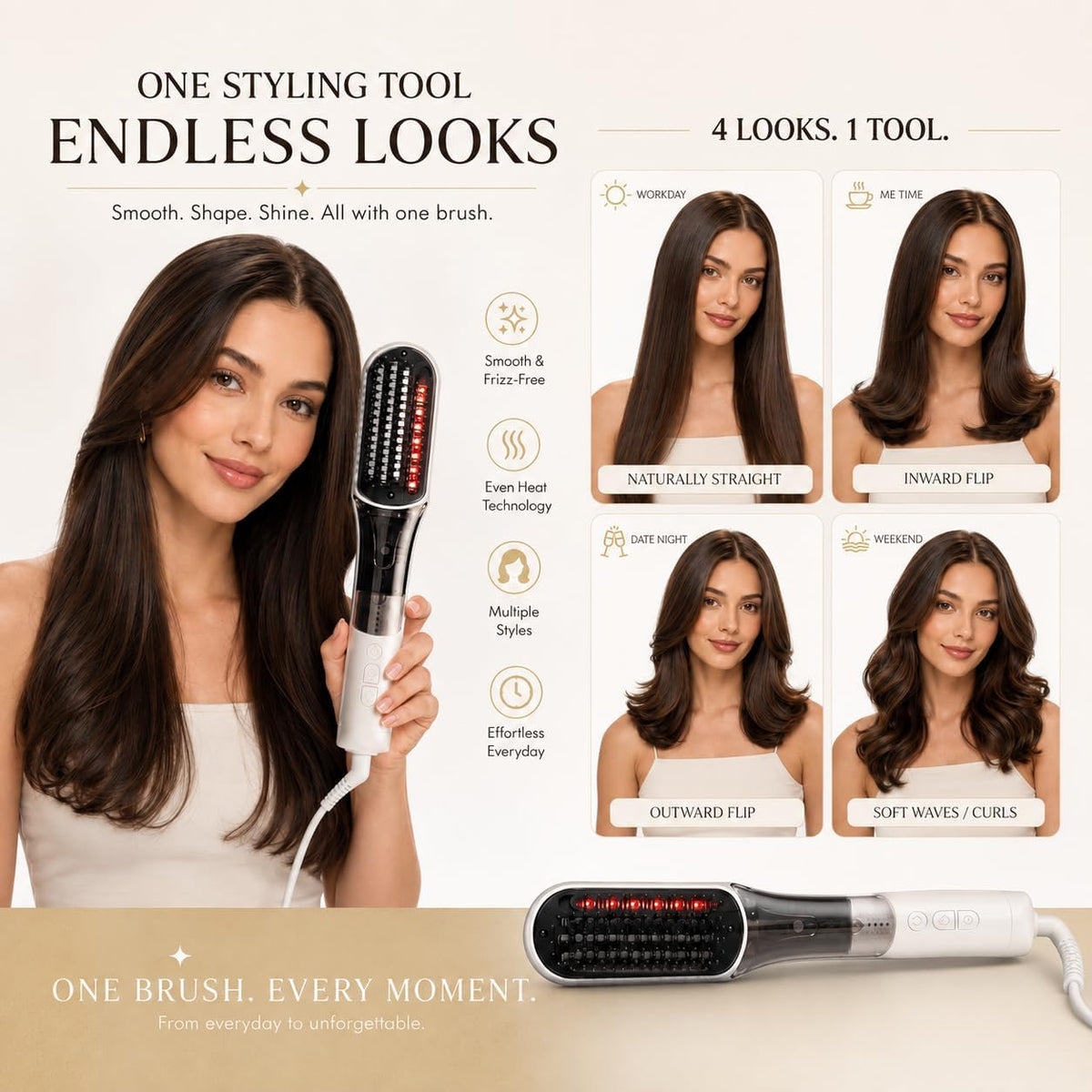 Hair Straightener Brush for Women, 2-in-1 with Mist, 4 Heat Settings