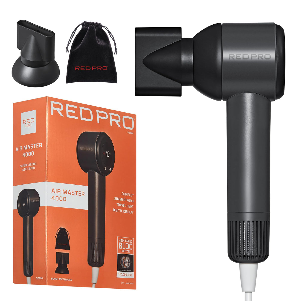 RED Pro Ultra-Lightweight Air Master 4200 Hair Dryer, High-Speed 110,000 RPM BLDC Motor, 3 Heat & 3 Speed Settings, Magnetic Nozzle & Styling Pik Attachments, Lightweight Blow Dryer (Black)