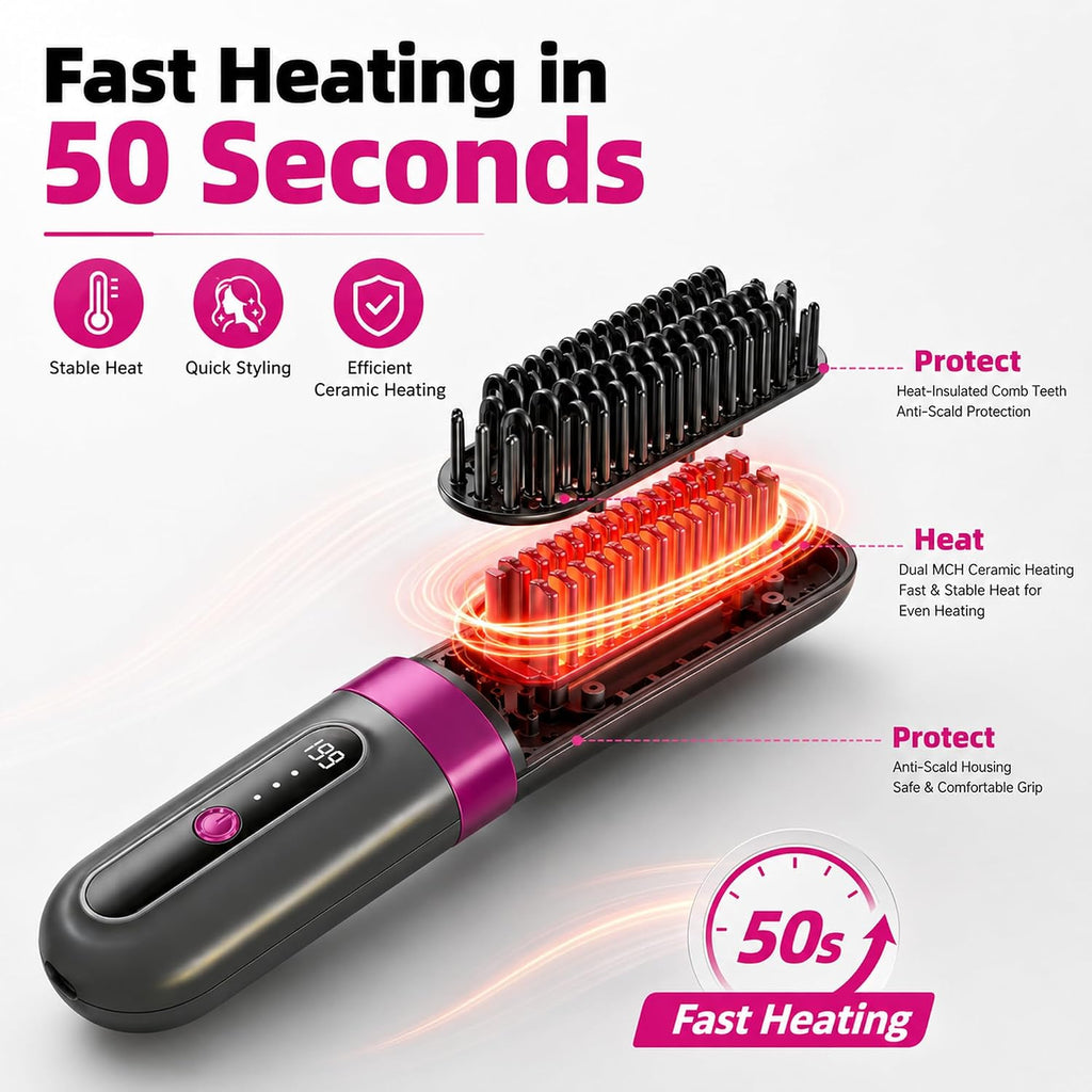 Cordless Hair Straightener Brush for Women, Fast Heating Anti-Frizz Hair Styling Tool, 3 Heat Settings, 300M Negative Ions, Portable Rechargeable Straightening Brush for Travel & Daily Use