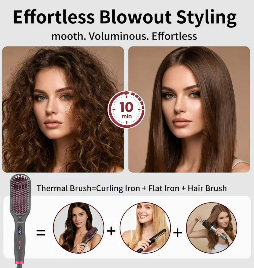 Hair Straightener Brush, Ionic, Dual Voltage, 11 Heat Settings (Gray)