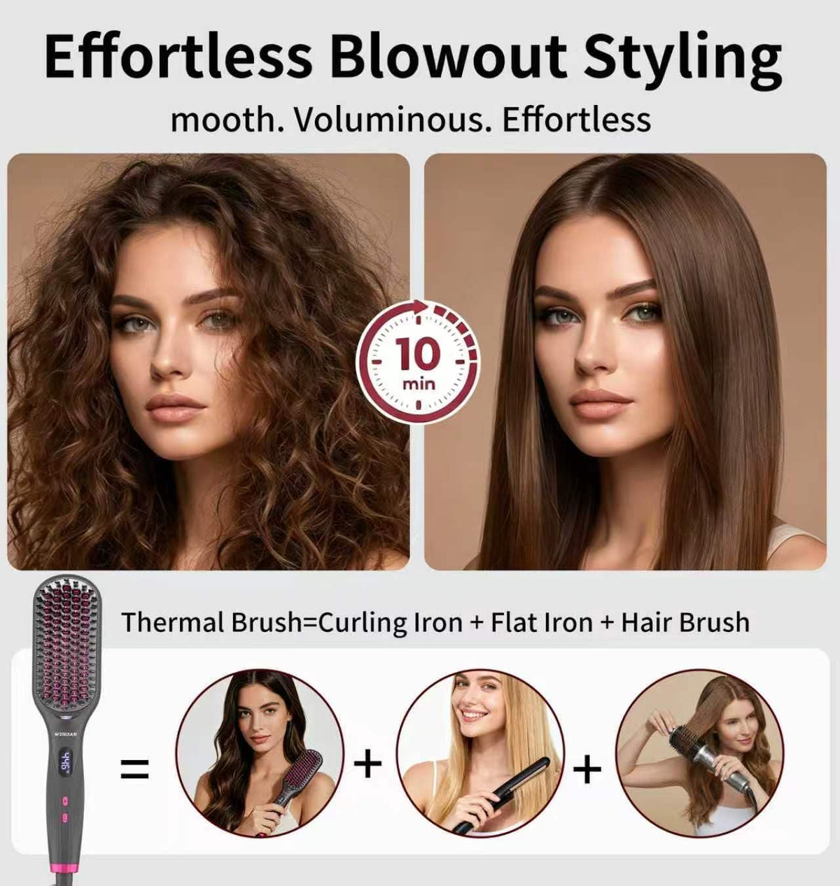 Hair Straightener Brush, Ionic, Dual Voltage, 11 Heat Settings (Gray)