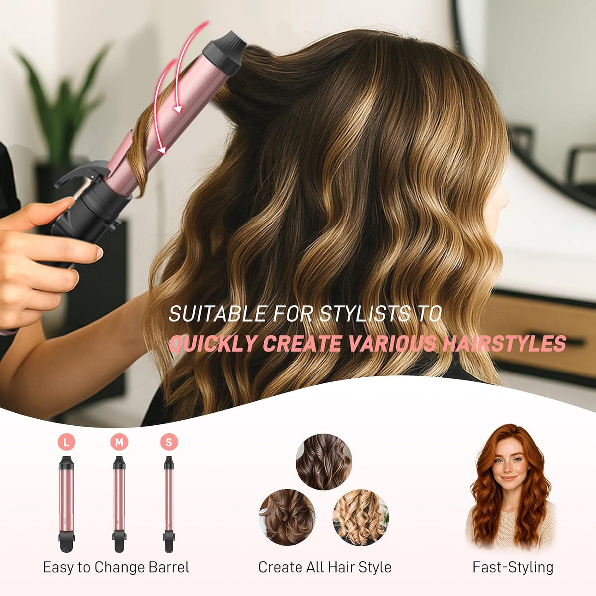 Automatic Curling Iron 1 Inch with 3-in-1 Interchangeable Barrels, Anti-Tangle Beach Waves Hair Curler Pro