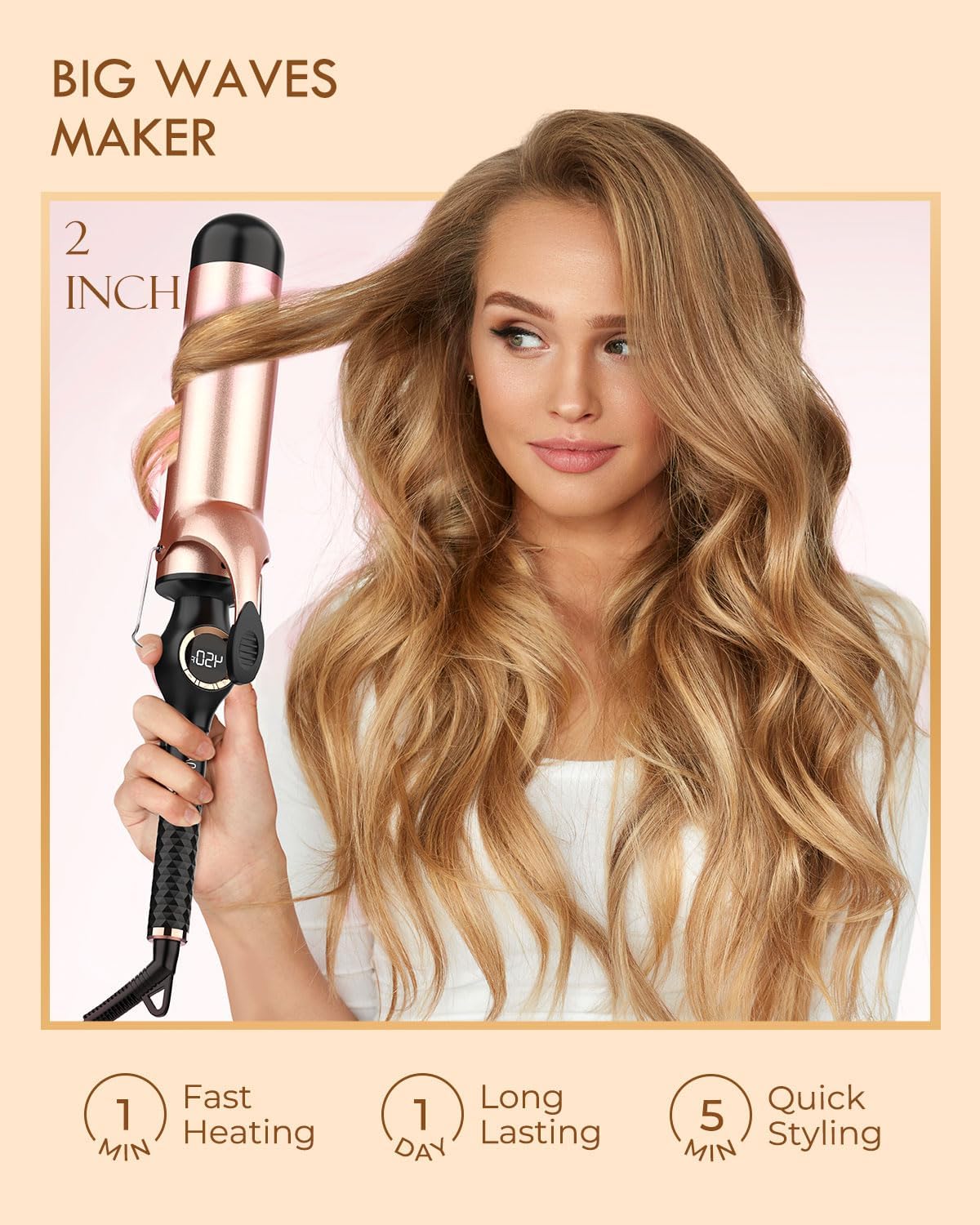 Large Curling Iron 2 Inch, Hair Curling Wand 2 Inch, Dual Voltage, Black