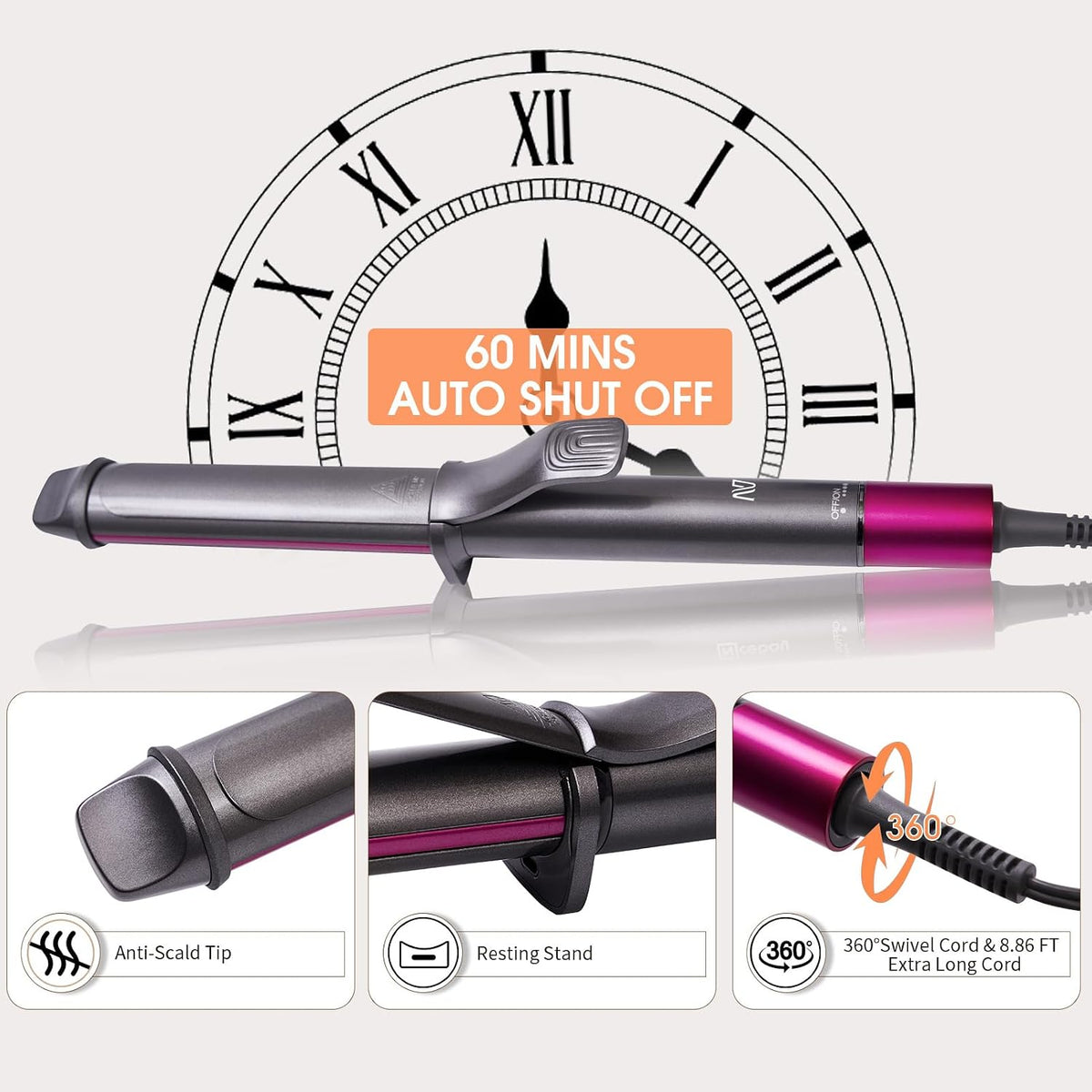 Nycoba 1.25 Inch Hair Curling Iron, 6 Temperature Settings, Light Pink