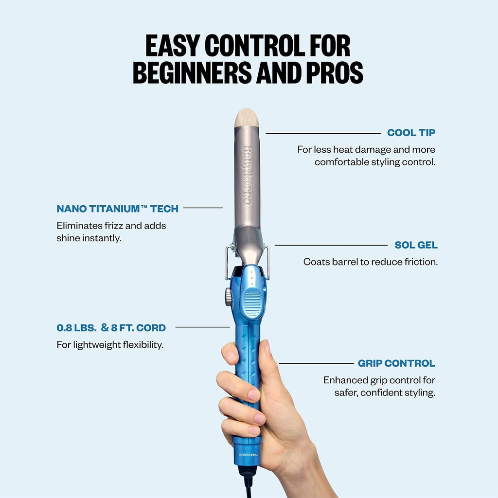 BaBylissPRO Nano Titanium Spring Curling Iron, Professional Hair Wand, Tool for Stylists, Nano Titanium Technology for Tight Curls or Loose Waves