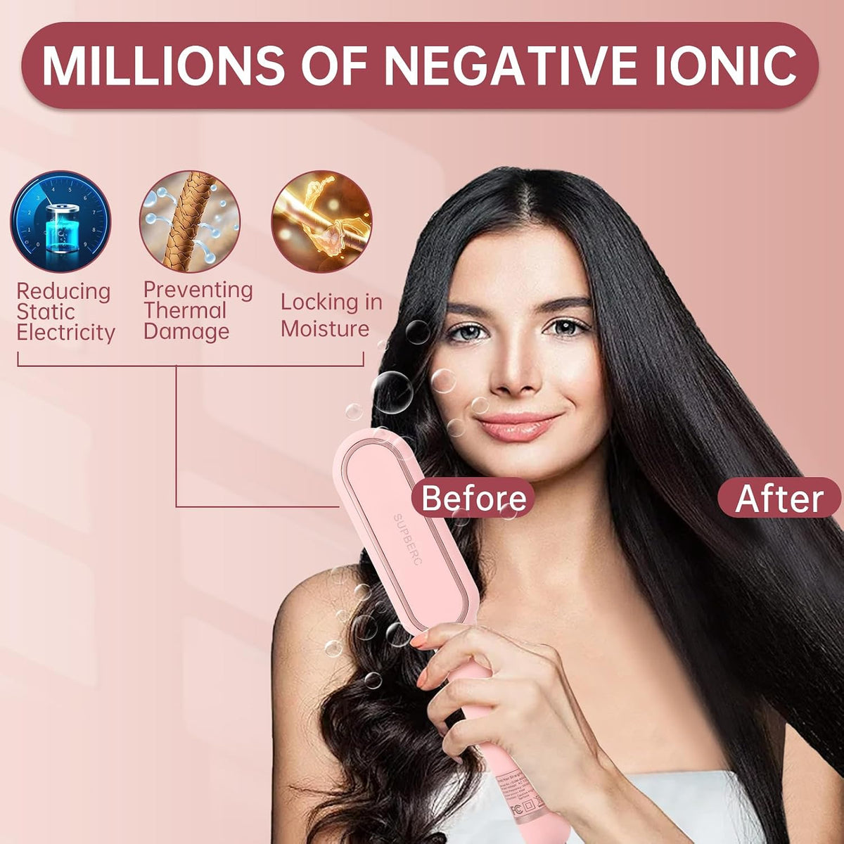 Negative Ionic Hair Straightener Brush with 9 Temp Settings, 30s Fast Heating Hair Straightening Comb with LED Display, Anti-Scald & Auto-Shut Off Hair Brush Straightener for Women (Pink)