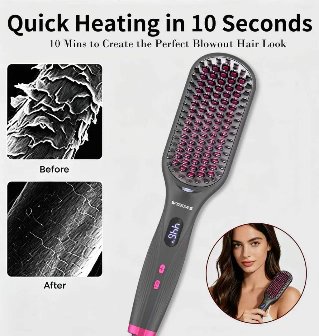 Hair Straightener Brush, Ionic, Dual Voltage, 11 Heat Settings (Gray)