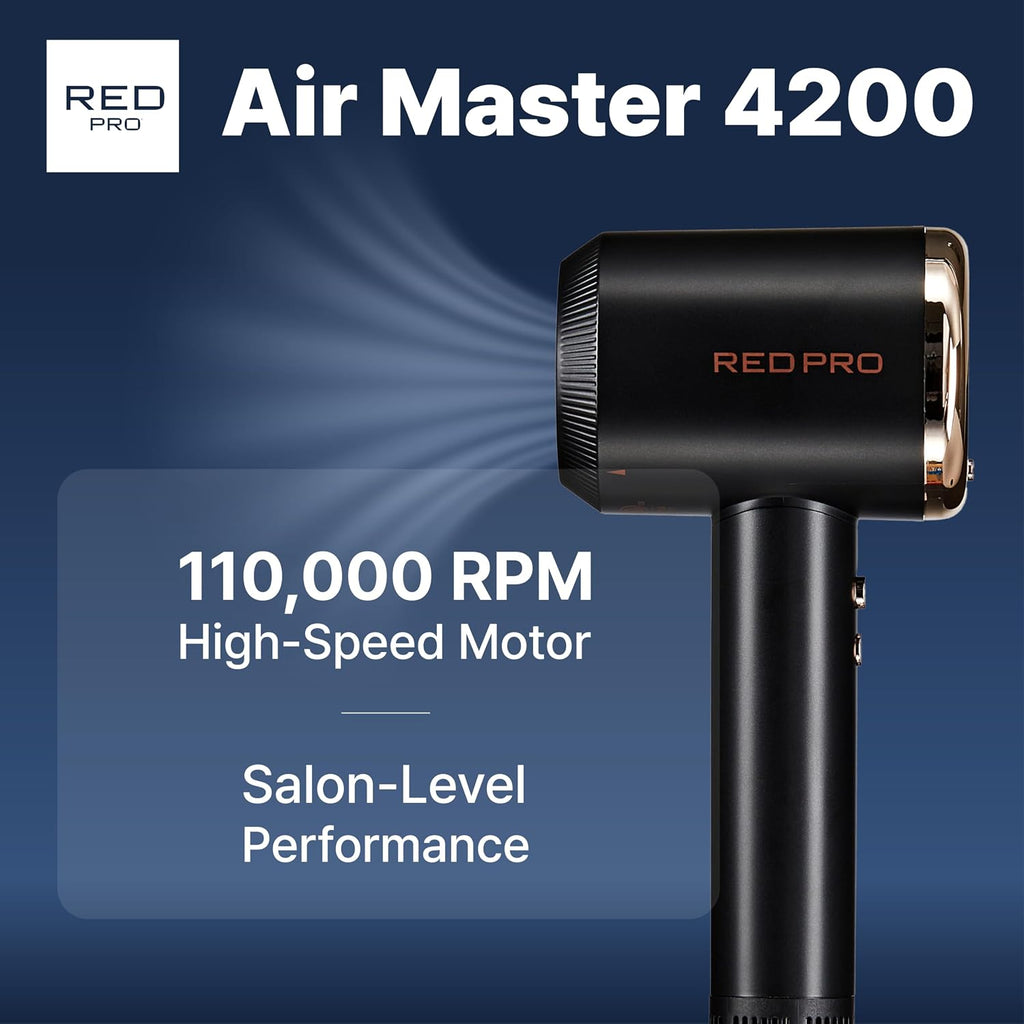 RED Pro Ultra-Lightweight Air Master 4200 Hair Dryer, High-Speed 110,000 RPM BLDC Motor, 3 Heat & 3 Speed Settings, Magnetic Nozzle & Styling Pik Attachments, Lightweight Blow Dryer (Black)