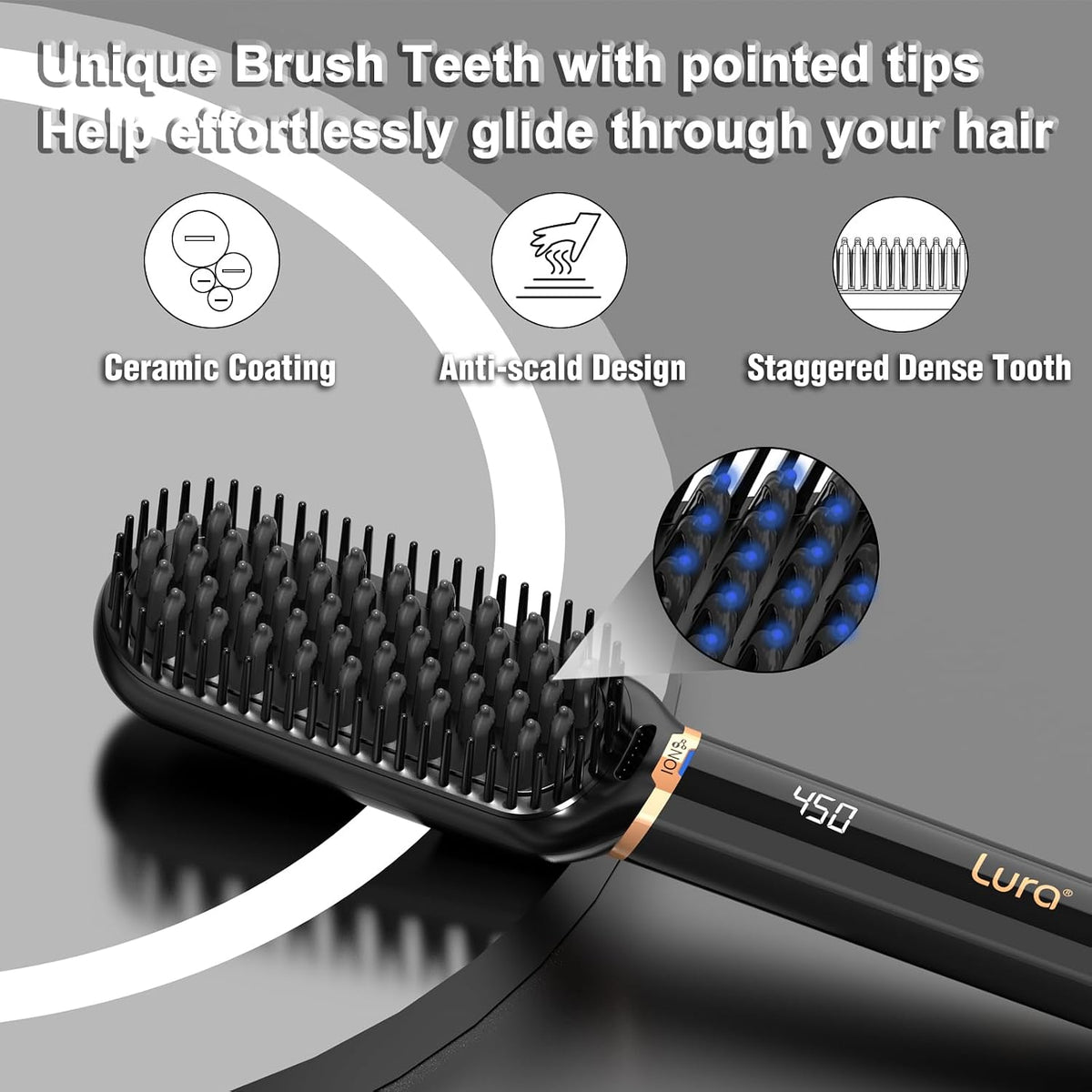 LURA Ionic Hair Straightener Brush,Dual Voltage Hair Straightening Brush for Women,High Heat Flat Iron Brush for Black Women，Ceramic Hair Straightener Comb with 6 Adjust Temperature