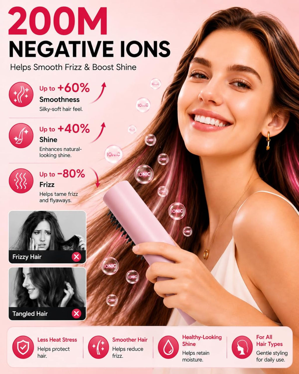 Cordless Hair Straightener Brush, Portable Straightener with Ionic Hair Brush Care, Fast Heated Styling, 3 Heat Levels, and Anti-Scald Care for Travel, Office, and Hotel, Gift for Women, Mirage Pink