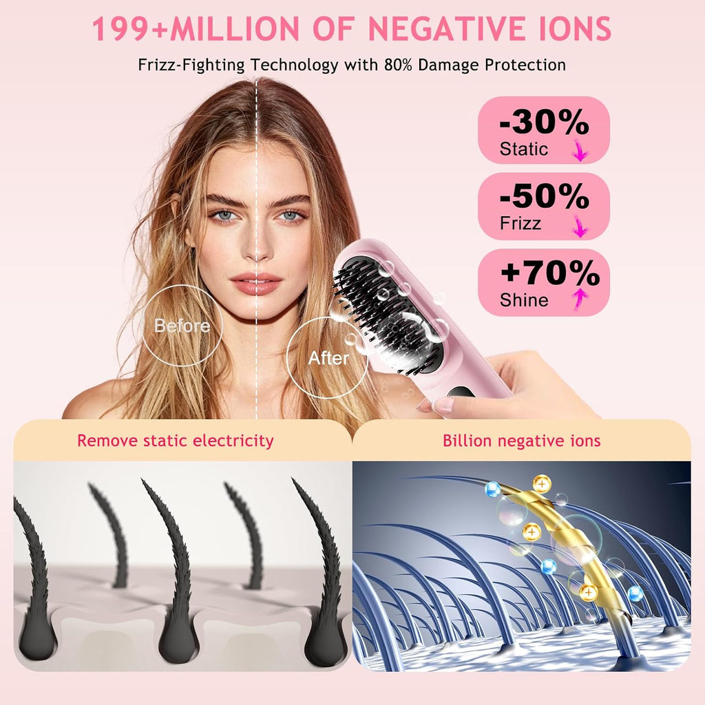 New Go Brush Pro 2026 Cordless Hair Straightener Brush, 199M Ionic, 1-MIN Fast Heat,79 Teeth for MCH Salon Smoothness, 4000mAh 40-Min Runtime, 3-Temp&Travel, Auto Shut-Off, Used for Fine to Wavy Hair
