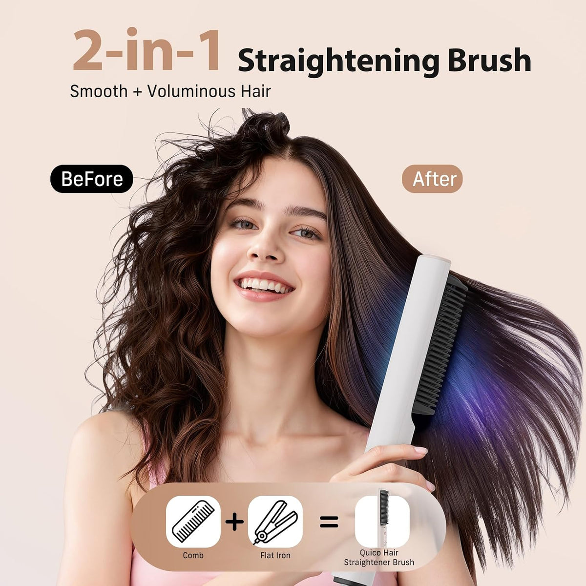 Quico Hair Straightener Brush, 100-240V Dual Voltage Straightener Brush