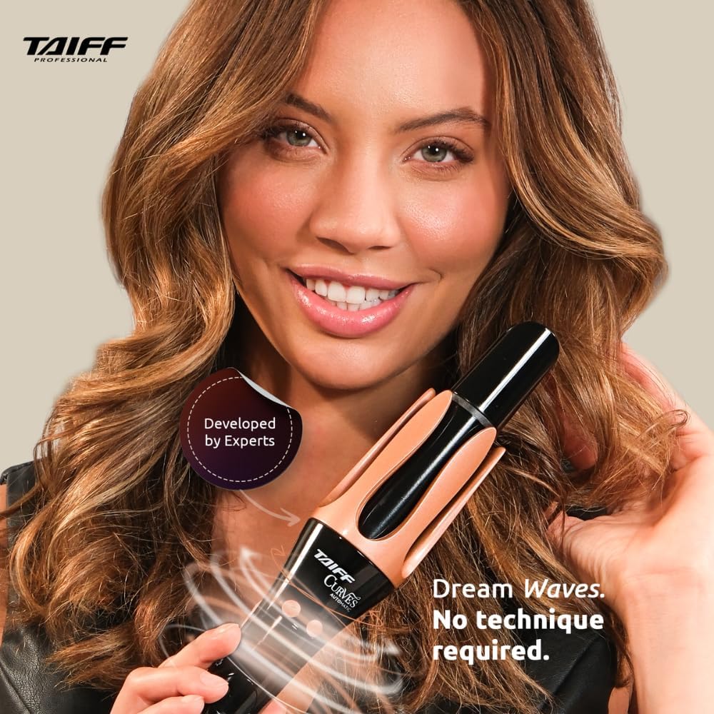 Taiff Automatic Curling Iron | 1¼" Rotating Barrel with Ion Technology | PTC Fast Heating | 3 Heat Settings 340°F–410°F | Dual Voltage Hair Curler for Smooth Frizz Free Long Lasting Curls