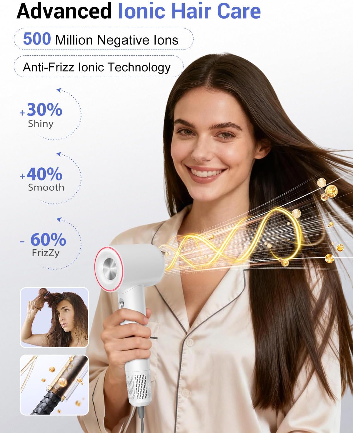 High Speed Hair Dryer,150000 RPM Brushless Motor Professional Blow Dryer for Fast Drying,500M Negative Ions Ionic with Magnetic Blow Air Nozzle,Control Quiet Noise, Lightweight for Travel