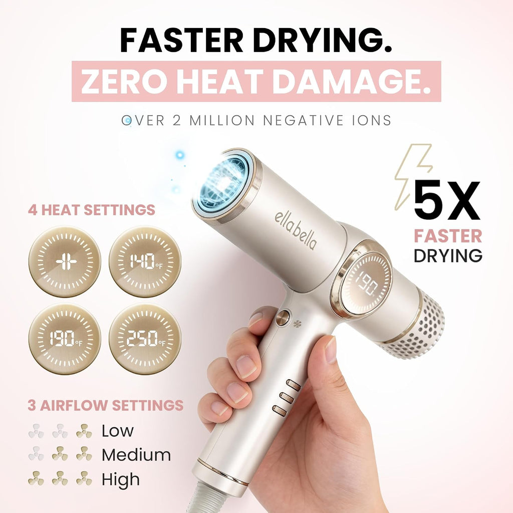ELLA BELLA® Ionic Hair Dryer with Diffuser - Negative Ion Blow Dryer, Quiet