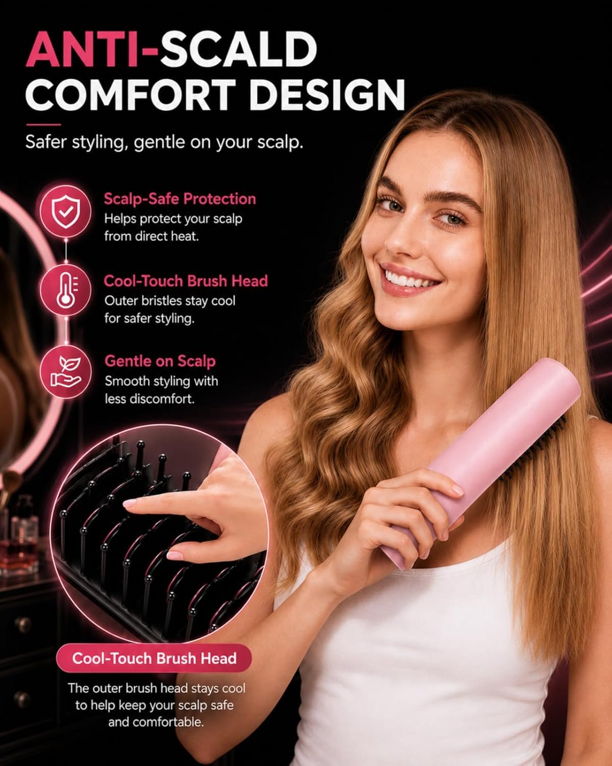 Cordless Hair Straightener Brush, Portable Straightener for Travel, Straightening Brush with Ionic Frizz Control, Fast Even Heating for On-the-Go Pro Styling, Aura Pink