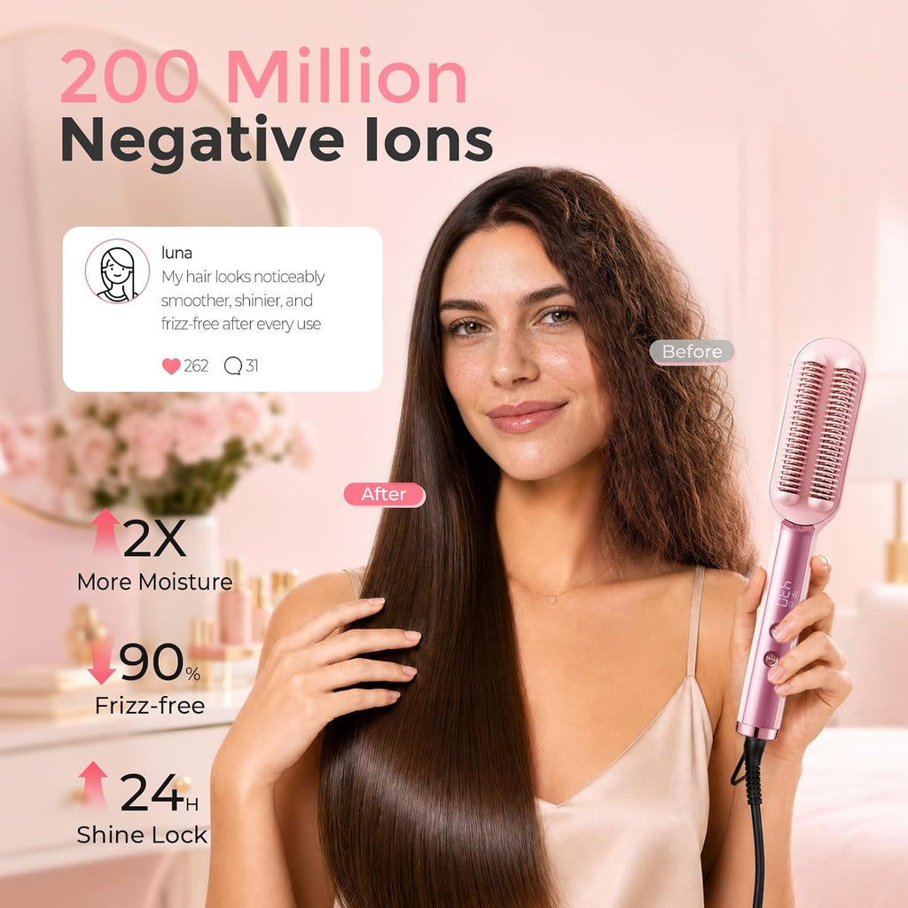 Ufree Hair Straightener Brush for Women, Double Row Ionic Hot Comb, Pink