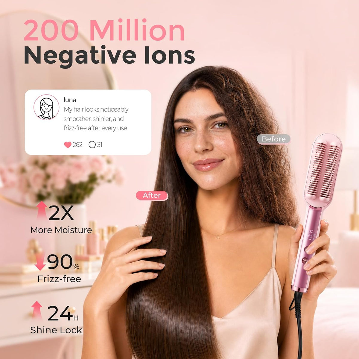 Ufree Hair Straightener Brush for Women, Double Row Ionic Hot Comb, Pink