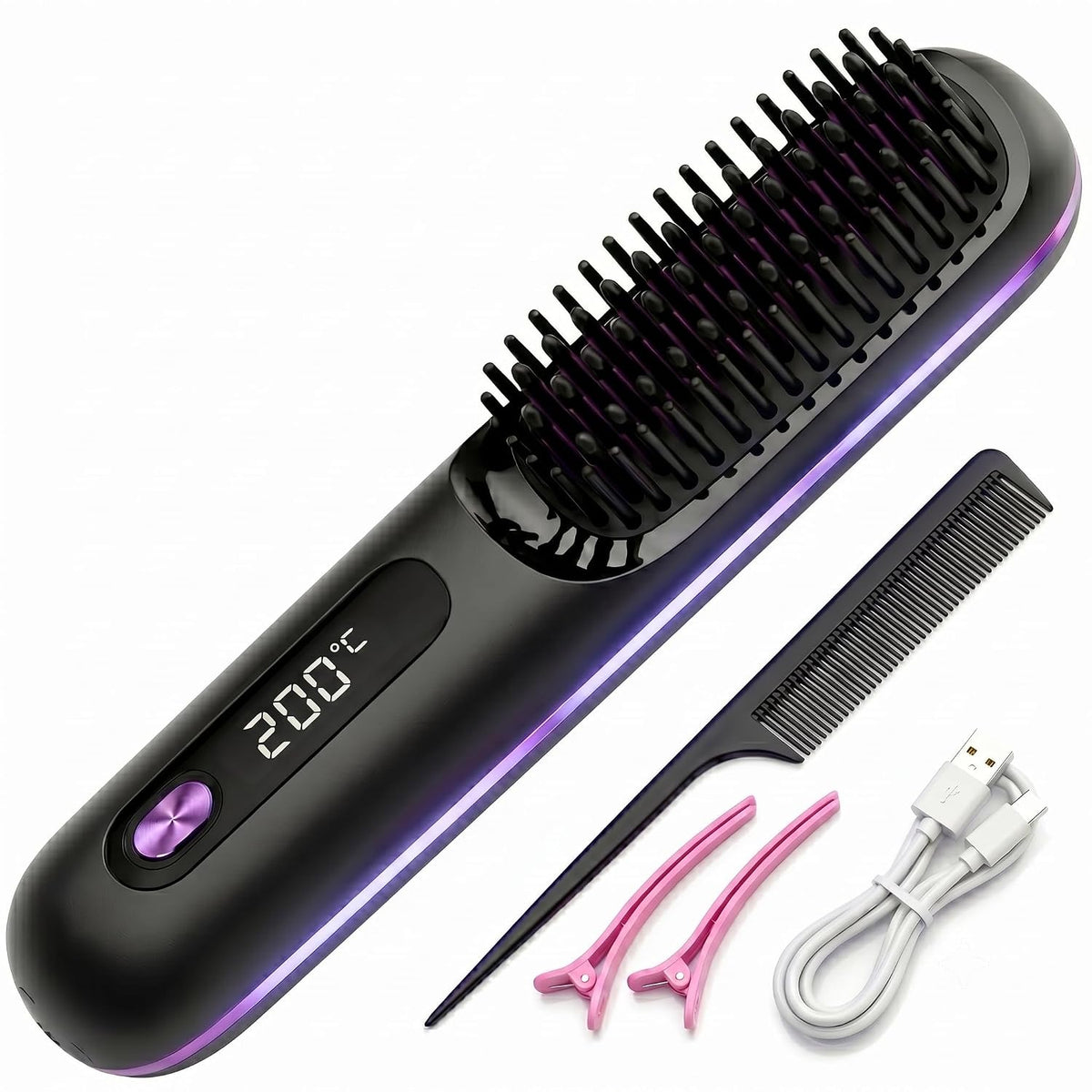 Go Brush Pro Cordless Hair Straightener Brush, Portable Wireless Straightening Comb with 3 Temp Settings (320°F-375°F), USB Rechargeable, Ceramic Heating Anti-Scald Hot Brush for Trave