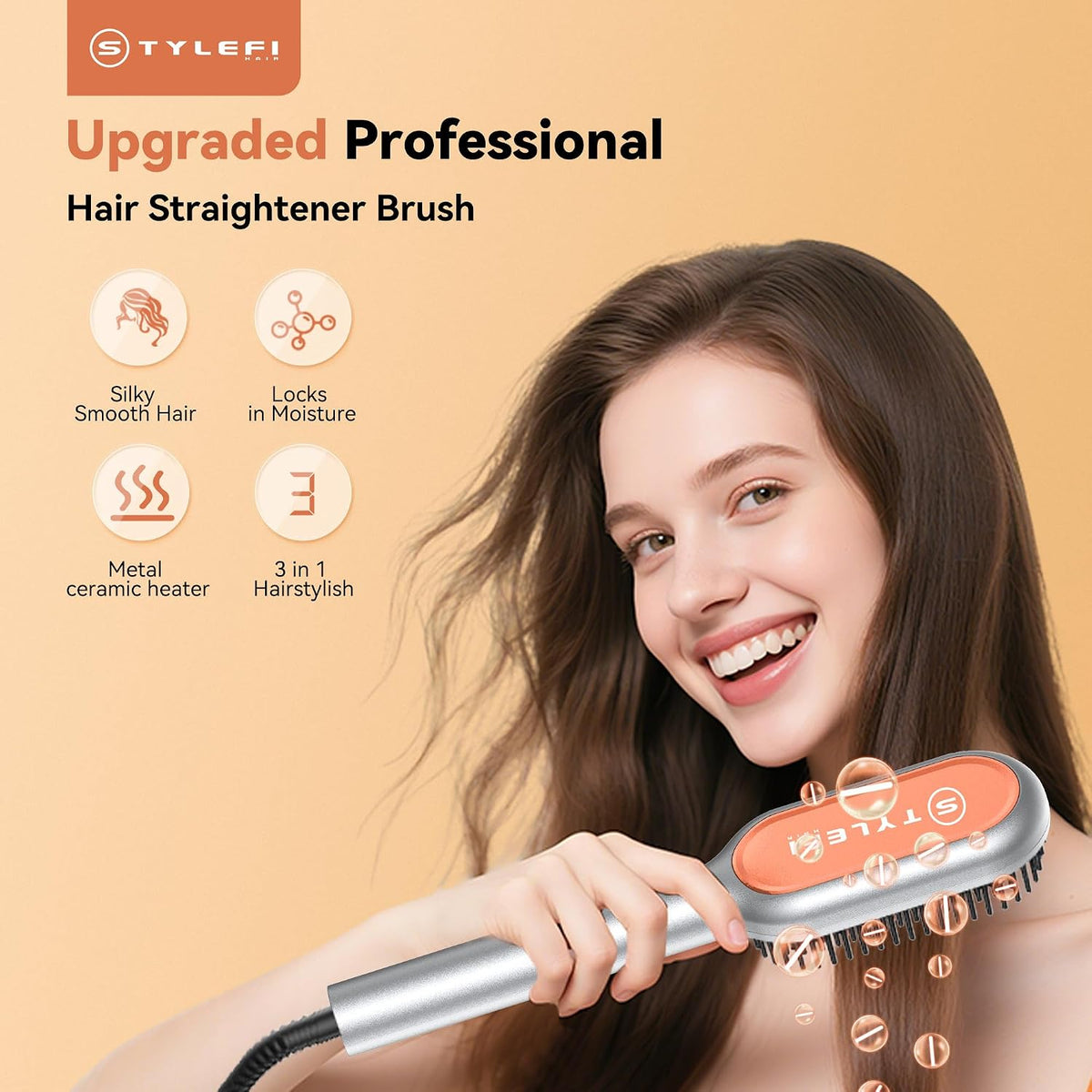 Plasma Straightening Comb, Heated Electric Hair Brush, Orange