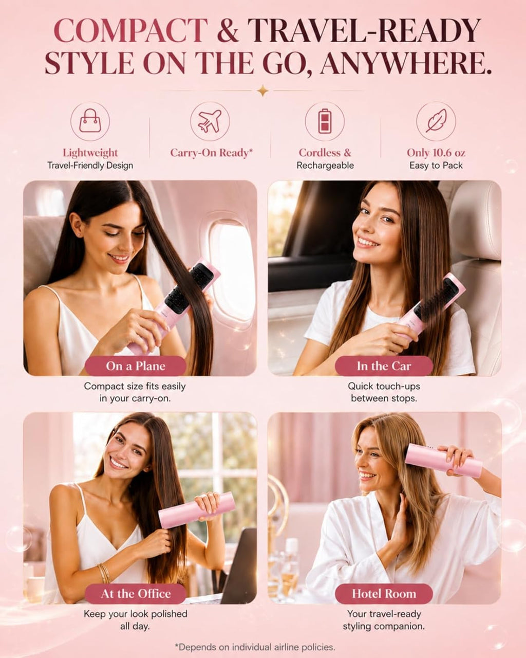 Cordless Hair Straightener Brush, Portable Hair Styler and Straightening Brush, 200M Negative Ions, 8000mAh Battery, Auto Shutoff and PD Fast Charging for Travel, Holiday Gift for Women, Luxe Pink