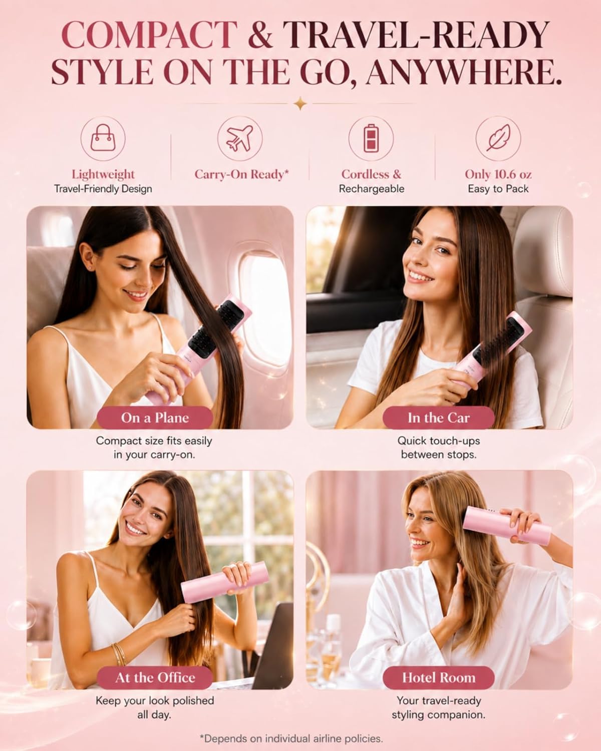 Cordless Hair Straightener Brush, Portable Hair Styler and Straightening Brush, 200M Negative Ions, 8000mAh Battery, Auto Shutoff and PD Fast Charging for Travel, Holiday Gift for Women, Luxe Pink