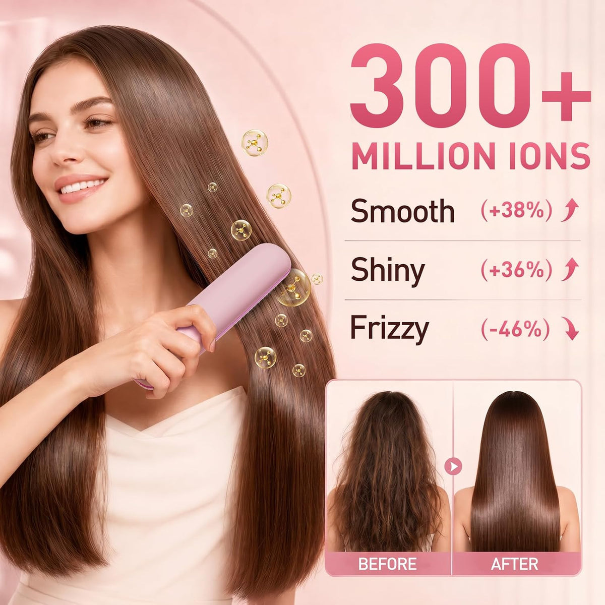 2026 Upgraded Cordless Straightening Brush, Go Brush Pro Hair Straightener Brush, MCH Fast Heating, 3 Temp Settings, 4000mAh Type-C Rechargeable Portable Travel Styling Tool (Pink)