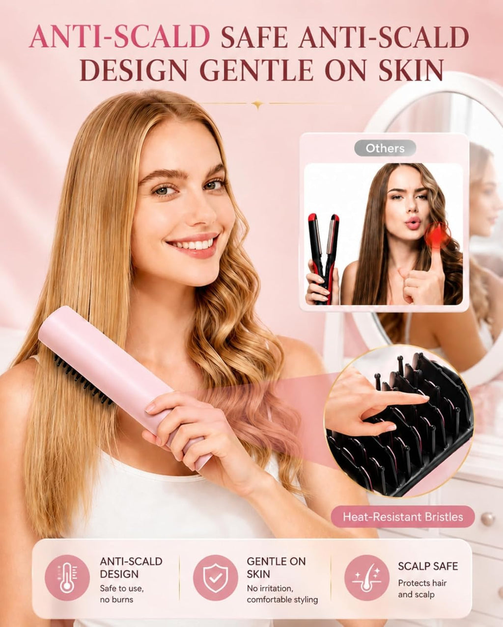 Cordless Hair Straightener Brush, Portable Hair Styler and Straightening Brush, 200M Negative Ions, 8000mAh Battery, Auto Shutoff and PD Fast Charging for Travel, Holiday Gift for Women, Luxe Pink
