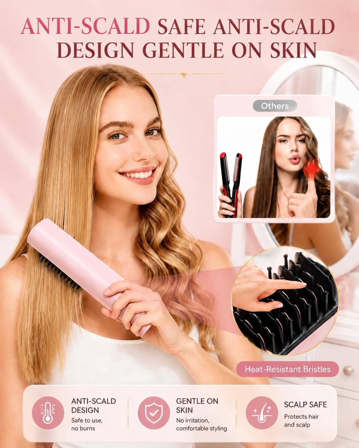 Cordless Hair Straightener Brush, Portable Hair Styler and Straightening Brush, 200M Negative Ions, 8000mAh Battery, Auto Shutoff and PD Fast Charging for Travel, Holiday Gift for Women, Luxe Pink