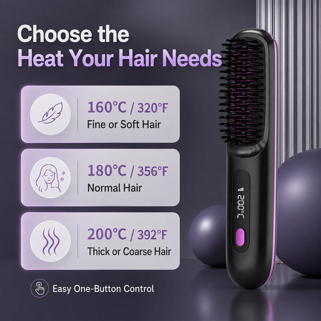 Go Brush Pro Cordless Hair Straightener Brush, Portable Wireless Straightening Comb with 3 Temp Settings (320°F-375°F), USB Rechargeable, Ceramic Heating Anti-Scald Hot Brush for Trave