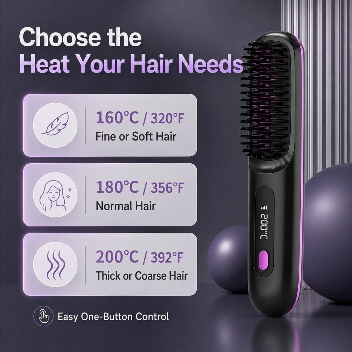 Go Brush Pro Cordless Hair Straightener Brush, Portable Wireless Straightening Comb with 3 Temp Settings (320°F-375°F), USB Rechargeable, Ceramic Heating Anti-Scald Hot Brush for Trave
