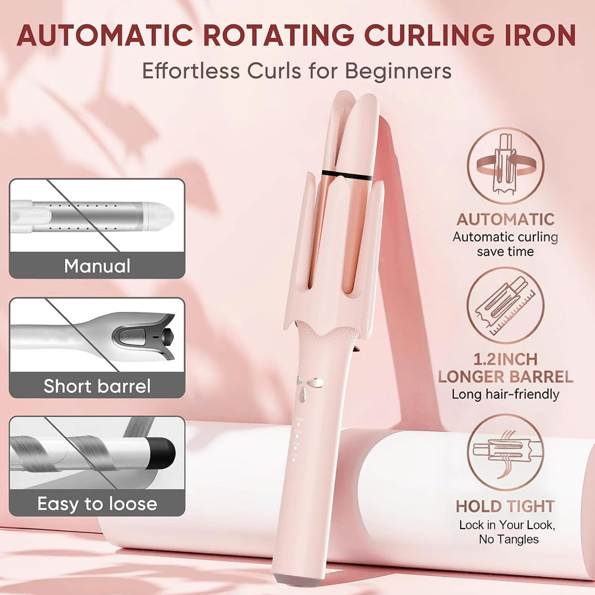 BILITOK Auto Curling Iron with 4 Temps, 3 Timers & Shut-Off (Pink)