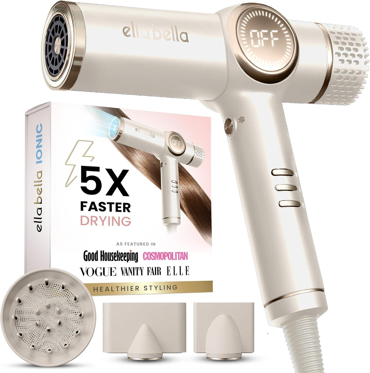 ELLA BELLA® Ionic Hair Dryer with Diffuser - Negative Ion Blow Dryer, Quiet